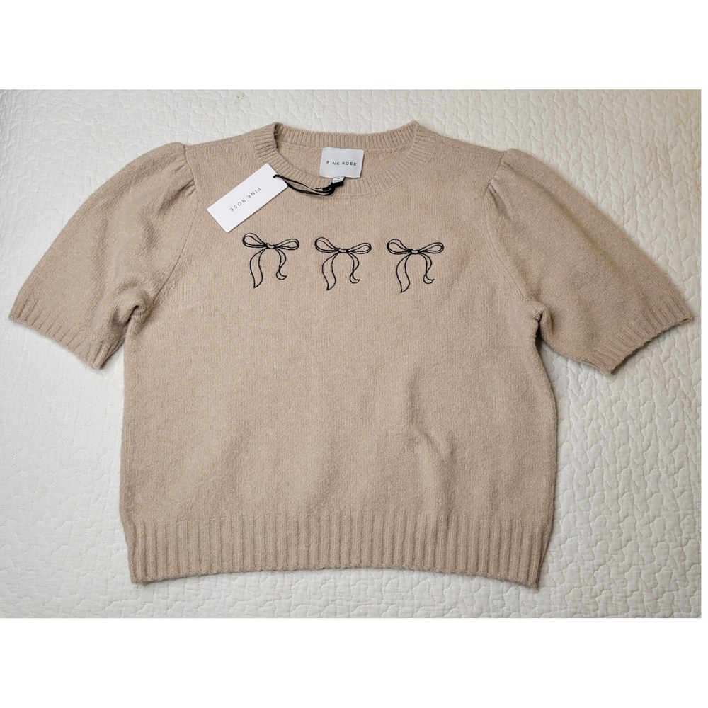 Pink Rose Short Sleeve Sweater Womens Sz M Tan Embroidered Bows Puff Sleeve NEW - Picture 2 of 13